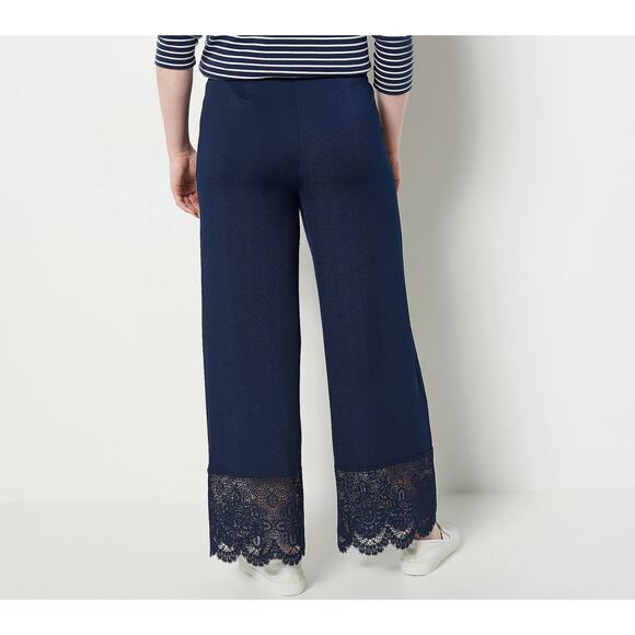 NWOT Isaac Mizrahi Live Navy Pebble Knit Wide Leg Crop Pants 2X Lace Hem - Picture 3 of 7